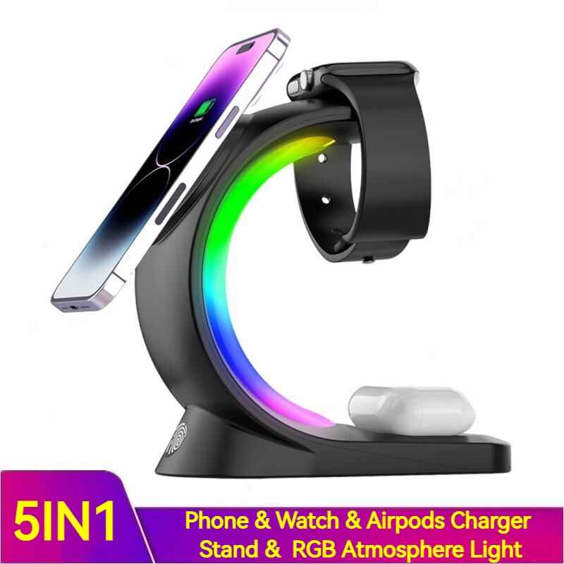 4 In 1 Magnetic Wireless Charger Fast Charging For Smart Phone Atmosphere Light Charging Station For Airpods, Smart watch